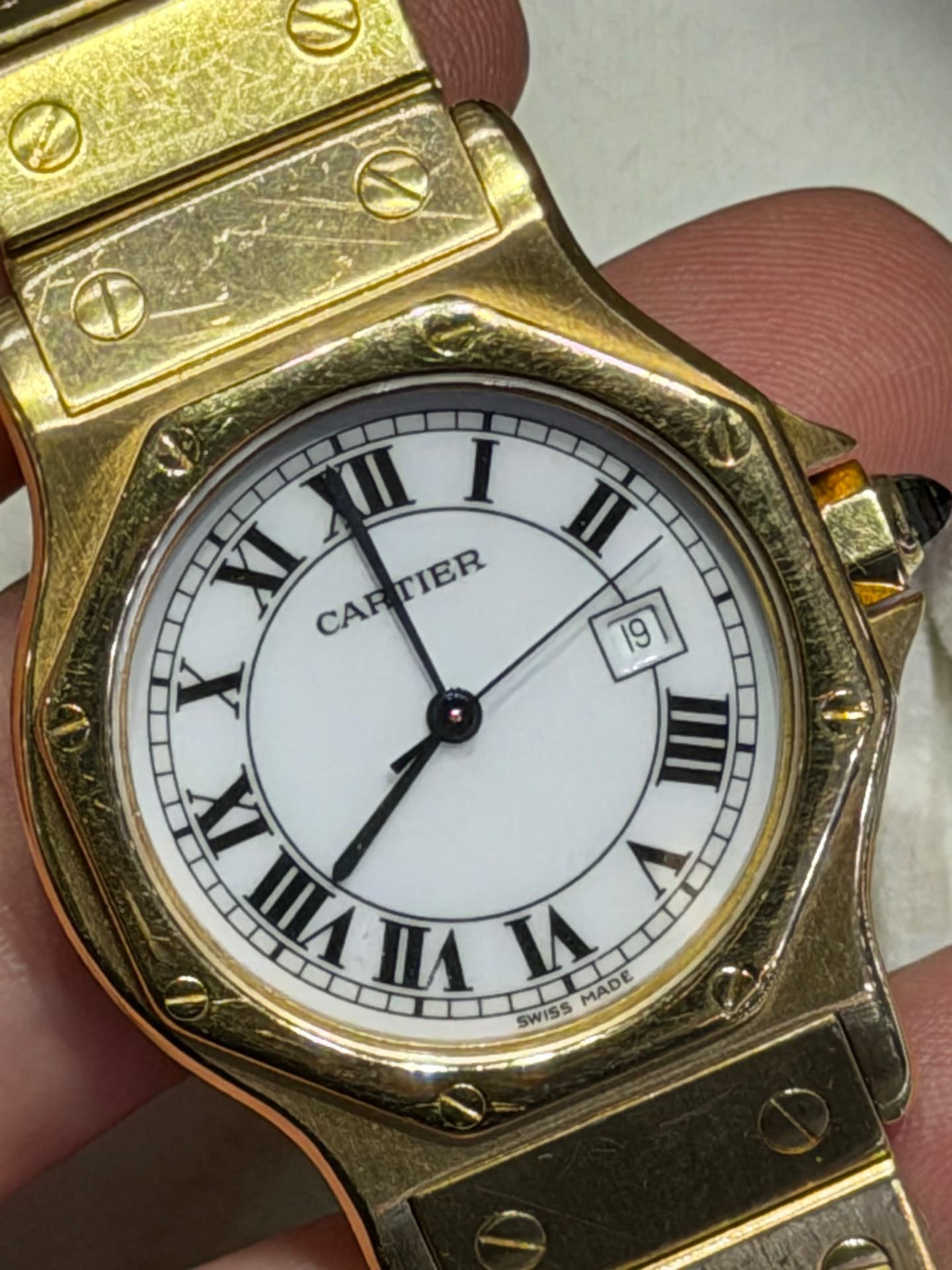 Cartier Santos Octagon 29mm 18K Yellow Gold White Roman Dial Watch 2965